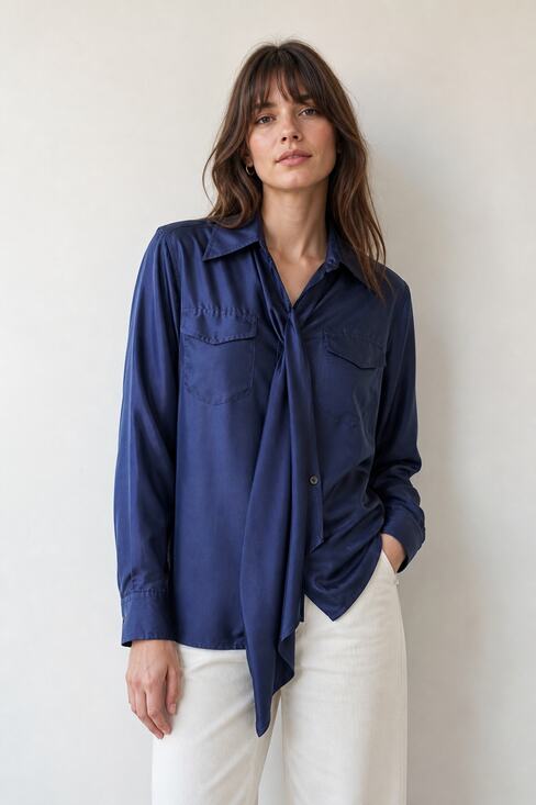 Unbranded Tops - Vintage 100% Silk Blue Button Down Shirt with Tie, Size S